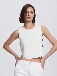 Women Side Button Design Round Neck Casual Knitted Sweater Vest - Beige - View 4