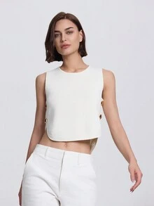 Women Side Button Design Round Neck Casual Knitted Sweater Vest - Beige - View 3