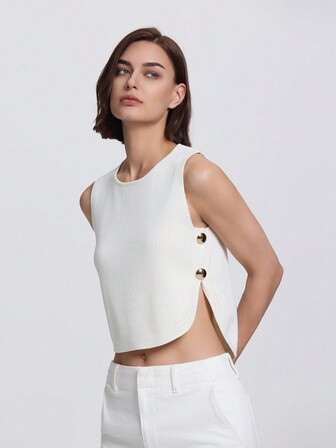 女士侧扣设计圆领休闲针织毛衣背心