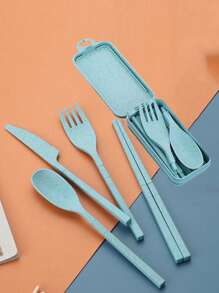 3Pcs/5pcs/Set Portable Travel Utensil Set With Case, Fold Reusable Tableware Includes Cutlery, Coffee Spoon, Salad Fork, Steak Knife, And Storage Box, Reusable Cutlery Old With Case, Portable Utensils Set For Adults, Tableware Camping Cutlery Set, Travel Utensils Set For Kitchens, Dishwasher Friendly, For School, Picnics, Parties, Outdoor Dining, Camping,School Supplies