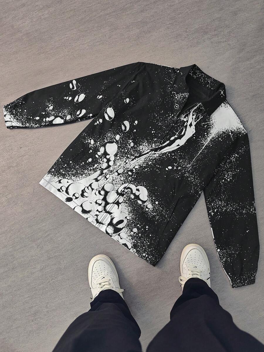 Men's Lightweight Casual Zip-Up Jacket With Abstract Allover Print, Suitable For Spring And Autumn - Black - View 1