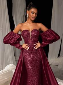 Faeriesty 华丽泡泡袖美人鱼下摆缎面拖尾亮片正式舞会礼服