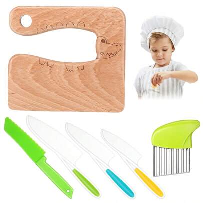 6 Pieces Wooden Children's Knife Set Plastic Children's Knife Set Includes Cute Pattern Wooden Knife Potato Slicer Serrated Knife Kitchen Children's Flat Knife Family Toy