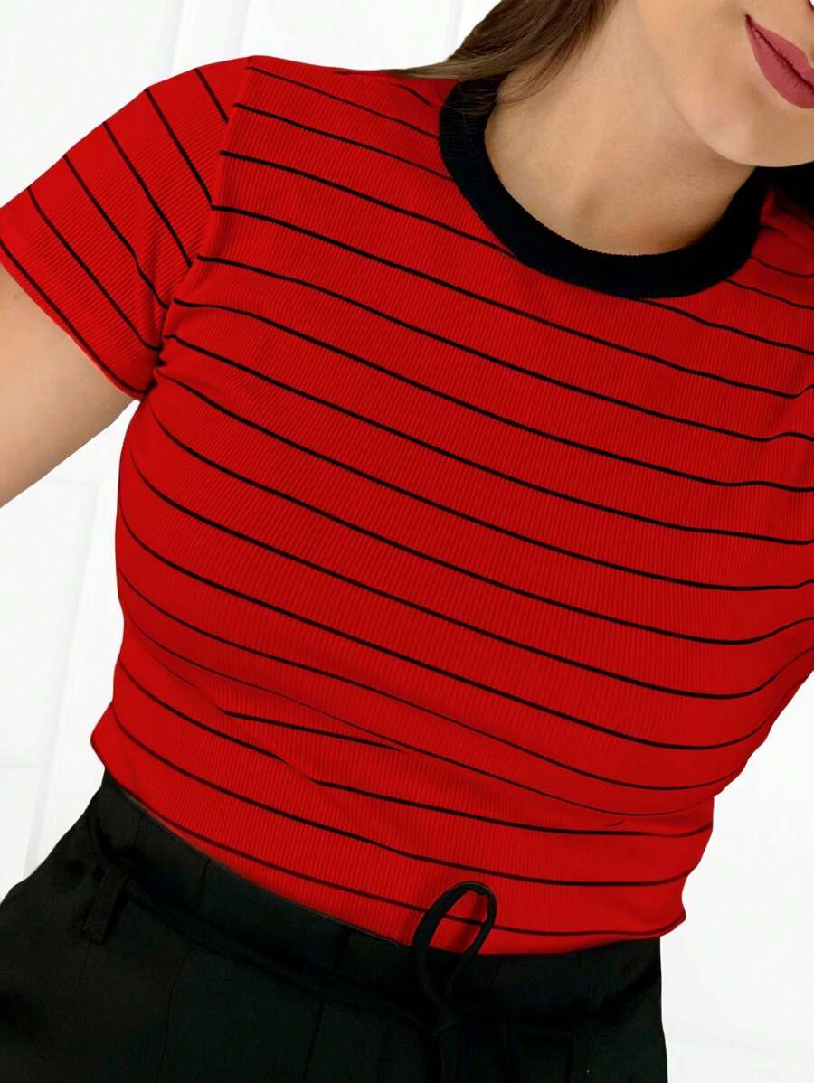 K&K FASHION Ribbed Striped T-Shirt - Red - View 1