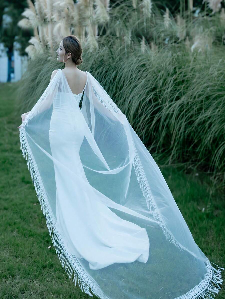 1pc Bridal Lace Net Scarf Shawl Cape Tassel Wedding Dress Accessory Fall Clothes For Women - Multicolor - View 1