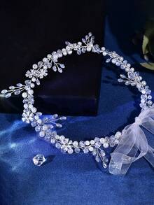 1pc Handmade Crystal Flower Vine Headband, Wedding Party Hair Ornament For Women - Silver - View 3