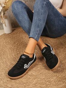 Giày thể thao nữ đế mềm mũi tròn buộc dây thời trang tối giản giày đi chơi thoải mái giày công sở phong cách trường học, màu đen, phù hợp cho bốn mùa - màu đen - Xem 3