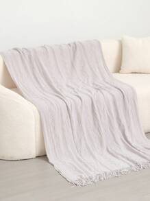 1 件波浪图案床罩，北欧风格亚克力流苏纯色沙发盖毯，矩形装饰毯，适合床、午睡 - 三彎淺灰 - 查看 3