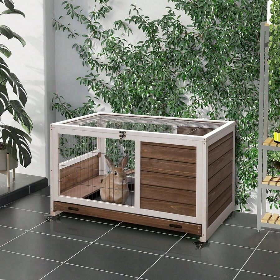 Wooden Rabbit Hutch Indoor Outdoor, Elevated Bunny Cage With No Leak