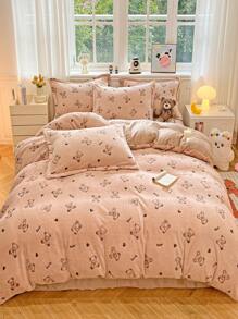 3 Pieces Of Children's Printed Duvet Cover Pillowcase Set, Cartoon Dinosaur, Bear, Rabbit Print Pattern, Winter Milk Velvet Children's Bed Set, Suitable For Children's Bedroom, Spring, Autumn And Winter, Machine Washable - Coffee Brown - View 1