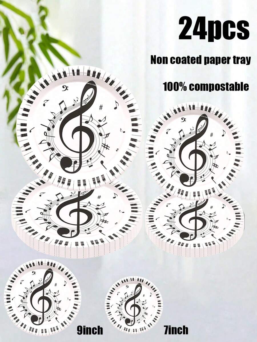 Juego de 24 piezas, hecho de materiales que incluyen platos de papel desechables, platos de papel con tema de notas de piano, platos de papel de 7 pulgadas, cartón de 9 pulgadas, platos de fiesta desechables, materiales, platos de papel, accesorios de fiesta, decoraciones de fiesta, platos para postres, utilizados para fiestas, reuniones, barbacoas, picnics, campamentos, regalos para mamá, fiestas temáticas de cumpleaños y juegos de cubiertos, platos, pañuelos, vasos de papel, decoración del hogar - Multicolor - Ver 1