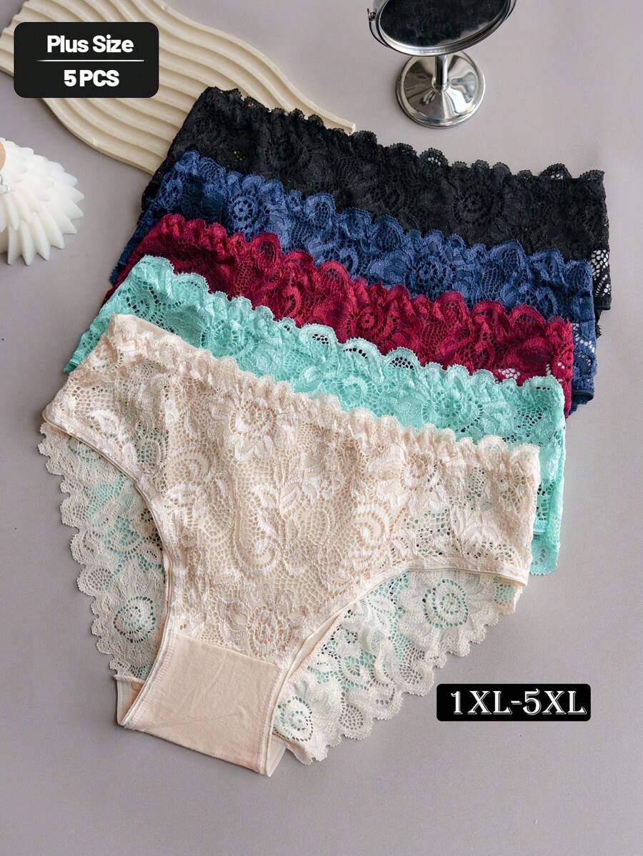 5pcs/Pack Plus Size Women's Contrast Lace Briefs
