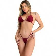 Ribbon Bikini With Tanning Adjustment Suplex Adjustable Curtain - Màu Đỏ Sâu - Xem 1