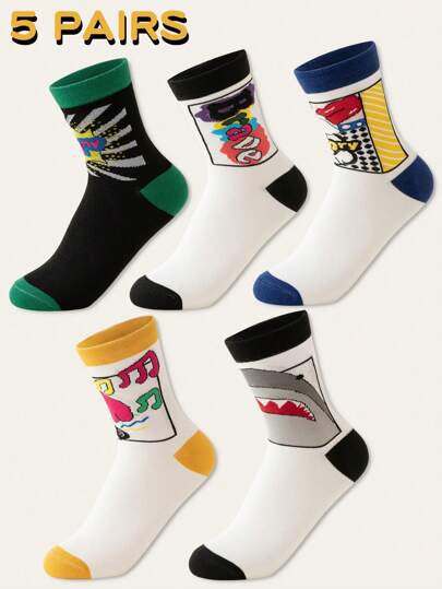 5 双男士袜子，色块，音乐字母手绘卡通图案，休闲运动中筒袜，街头潮流，适合青少年、大学生，校园流行，百搭，适合所有季节