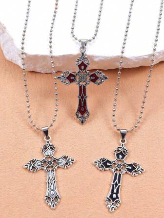 1pc European & American Vintage Simple Style Gothic Zinc Alloy Cross Pendant Necklace For Men And Women
