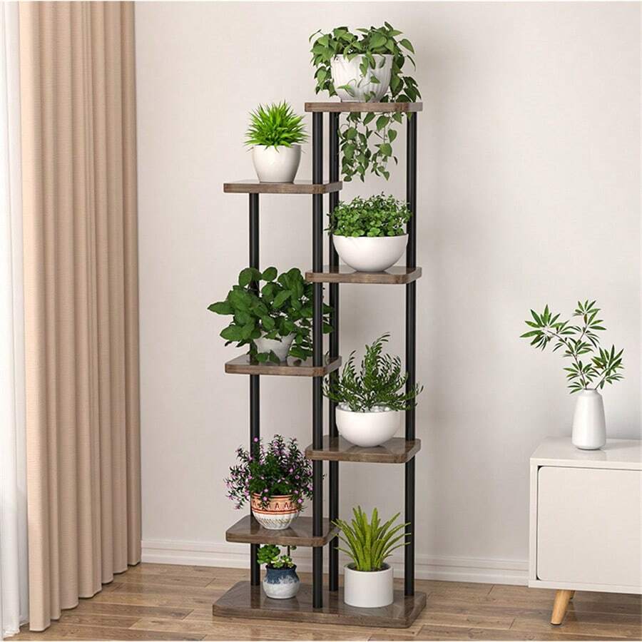 Support pour plantes d'intérieur à 7 niveaux, grand support pour plantes en métal et bois, support de fleurs d'angle pour plusieurs plantes, grand support pour plantes moderne pour l'extérieur, patio, salon, balcon, jardin, bureau