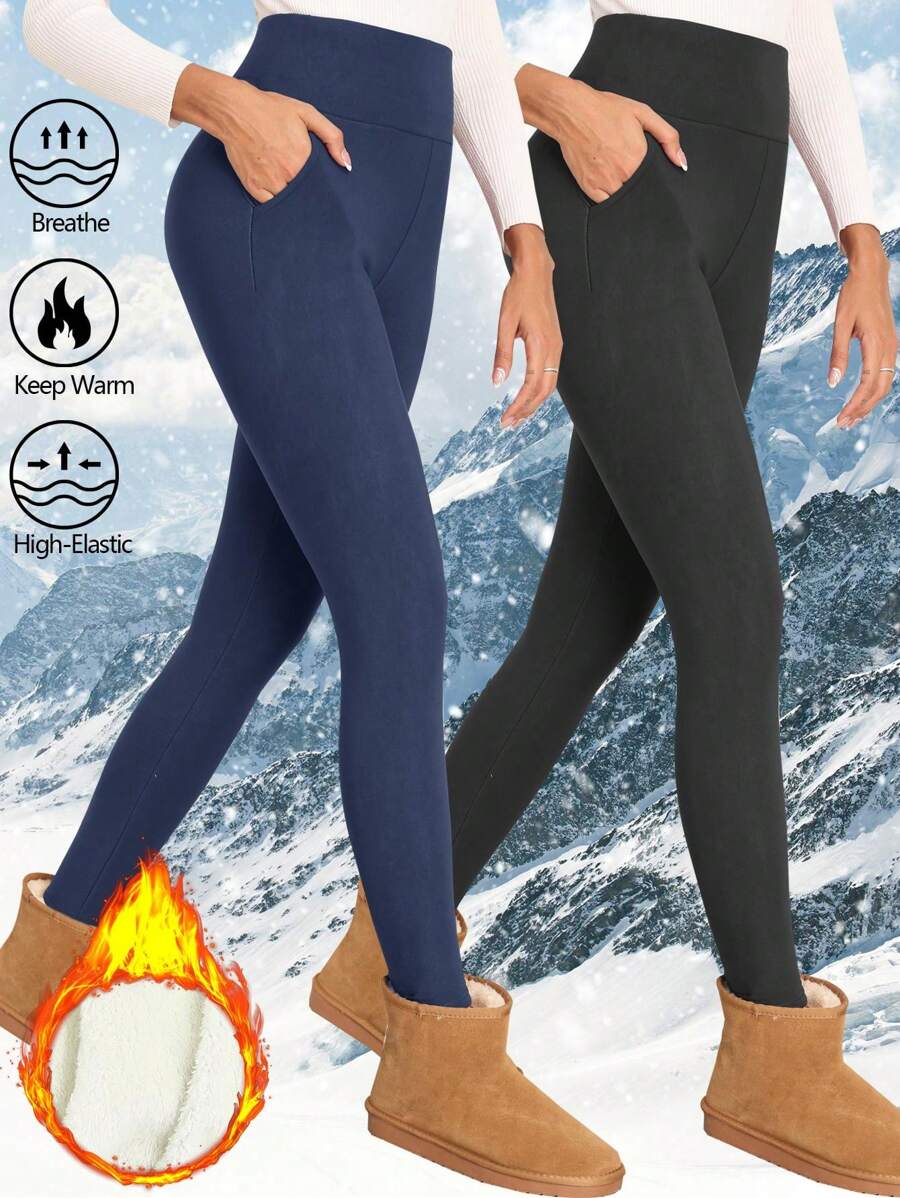 2 Stück Damen Thermoleggings mit hoher Taille und Taschen für den Outdoor-Einsatz, Winter - Verschiedenfarbig - Übersicht 1