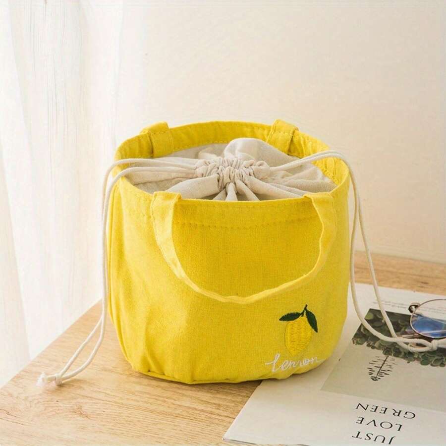 Lemon, Orange, Peach, Avocado, Round Drawstring Insulated Bag, Aluminum Foil Thickened Insulated Lunch Box Bag, Fresh With Rice Bag, Meal Bag, Lunch Box Bag, Bento Bag, Handbag - 檸檬(5.5x6x6.5吋) - 查看 1