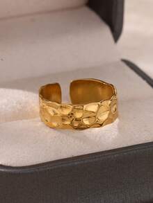 1PC Vintage Hammered Asymmetric Rings For Women Opening Gold Plated Stainless Steel Ring Fashionable Ladies Daily Jewelry Decoration