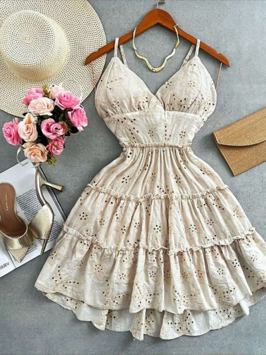 Women's Short Laise Summer Dress With Straps+Lining+Cup - Màu be - Xem 1