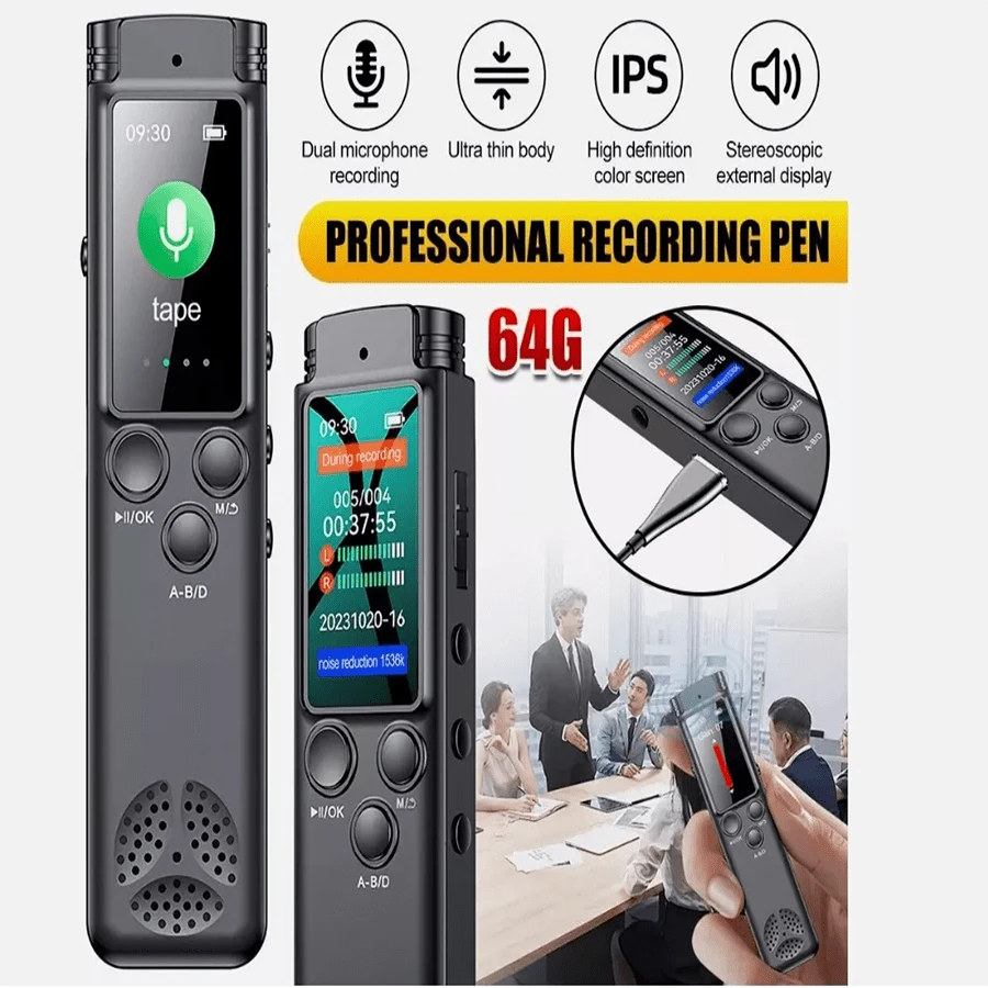 Enregistreur vocal numérique 64/32/16/8G, pour conférences, réunions et enregistreur Audio, mini, suppression intelligente du bruit, Portable, bureau - Noir - Voir 1