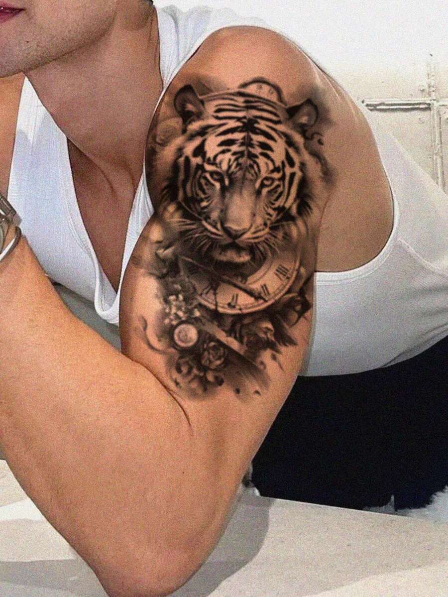 1 件时尚临时纹身纸贴纸，老虎钟和花朵图案，防水男女通用假纹身，适用于手部、背部，安全且易于粘贴和去除，适用于手臂、胸部、腹部、背部 - 黑色 - 查看 1