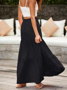 Chic Solid Boho Long Skirt Layel Design With Pockets, Woman's Clothing - 黑色 - 查看 4