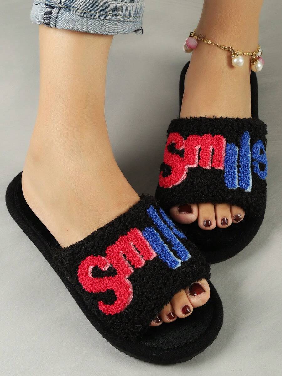 大码女士秋冬保暖拖鞋，毛绒室内家居拖鞋，卡通可爱刺绣毛绒拖鞋，温暖 - 黑色 - 查看 1