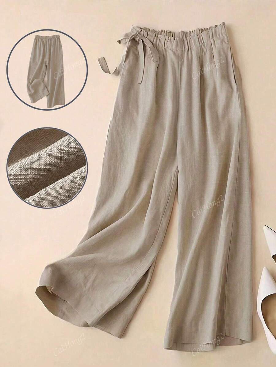 Pantalones anchos casuales y versátiles para mujer con cintura elástica, recogidos, bolsillos diagonales, de unicolor y estilo sencillo, ideales para el otoño
