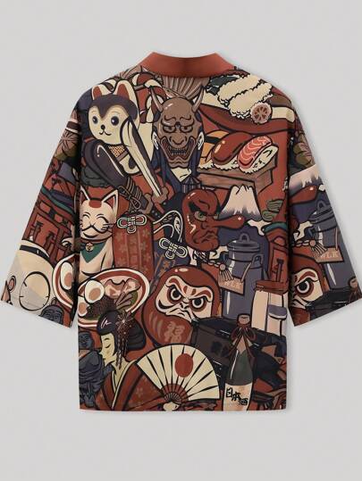 Men's Autumn Japanese Style Daruma, Lucky Cat, Hannya Mask, Fugu Fish Pattern Kimono Cardigan