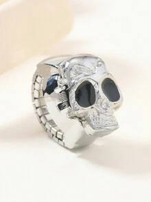 1 件时髦朋克风格银色骷髅戒指，配不锈钢弹性表带，男女多指手表，日常佩戴，绿蓝红紫红眼骷髅手表戒指 - 骷髏手錶戒指 - 查看 5