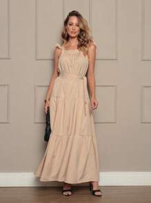 Women's Long Dress With Belt - Màu be - Xem 1