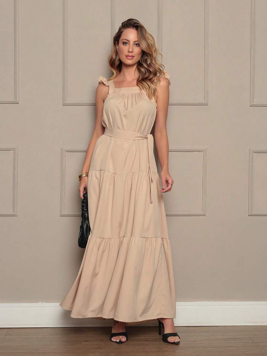 Women's Long Dress With Belt - Màu be - Xem 1