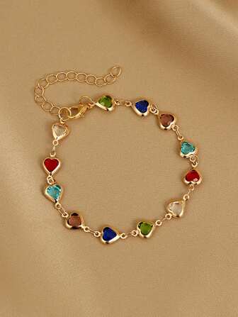 1pc Colorful Shiny Cubic Heart Design Elegant Bracelet, Suitable For Girls Daily/Party Jewelry, Festival Gift