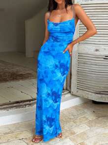 2026夏季新款欧美风印花口袋翻领吊带连衣裙，性感优雅收腰修身连衣裙，多种颜色可选，适合毕业派对、度假、海滩、女士晚礼服、粉色婚纱等春季场合。 - 藍色 - 查看 6