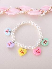1pc Vintage Valentine's Day "Hug Me Be Mine Sweet Heart" Heart Pendant Faux Pearl Beaded Adjustable Bracelet, Women Gift, Valentine's Day Accessory - Multicolor - View 5