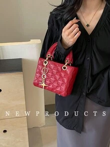 low tea 1 件女士 PU 皮革手提包，时尚迷你钻石绗缝手提包，配有金属双顶部提手、拉链开合、可拆卸可调节肩带，适合日常和外出使用（附估计价格） - 酒紅色 - 查看 7