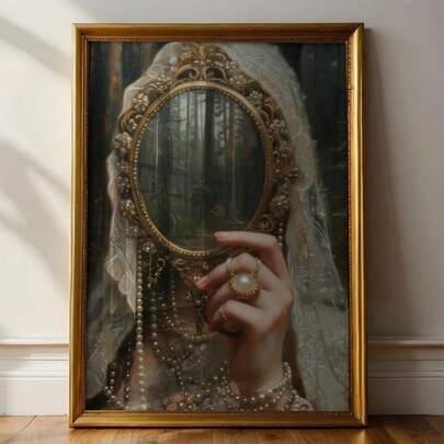 1 件，镜面遐想中世纪女人壁画，维多利亚时代充满活力和时尚的单身派对装饰室，西方大学学院风格美学，复古海报印刷，极简主义油画，适用于家庭装饰、酒吧、咖啡厅、露台、生日礼物、客厅、卧室、客厅、家庭办公室、浴室装饰、墙壁装饰 20*28 英寸，无框