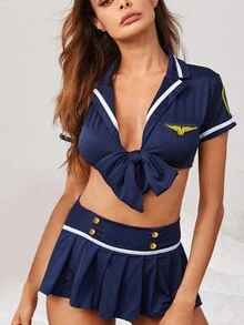 1 套女式性感警察服装，包括上衣和裤子，适合派对或狂欢节的角色扮演服装 - 藍色 - 查看 4