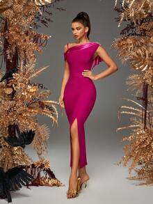 Elegant Hot Pink Asymmetrical Shoulder Slimming Dress Cocktail Party Formal Dresses Evening Gown, Wedding Guest Dress - Hot Pink - View 2