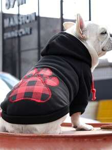 1pc Black Grid Pattern Pet Sweatshirt With Heart Shaped Paw Prints Suitable For Cats And Dogs, For Autumn And Winter - Black - View 6