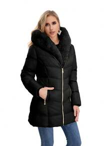 Chamarra con forro de peluche con capucha  de manga larga con cierre - Negro - Ver 3