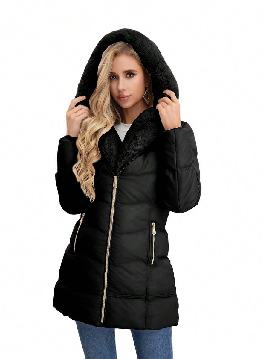 Chamarra con forro de peluche con capucha  de manga larga con cierre - Negro - Ver 1