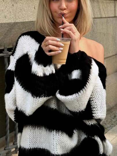 Sexy Off-Shoulder Striped Contrast Color Casual Loose Knit Pullover Top, New For Autumn/Winter