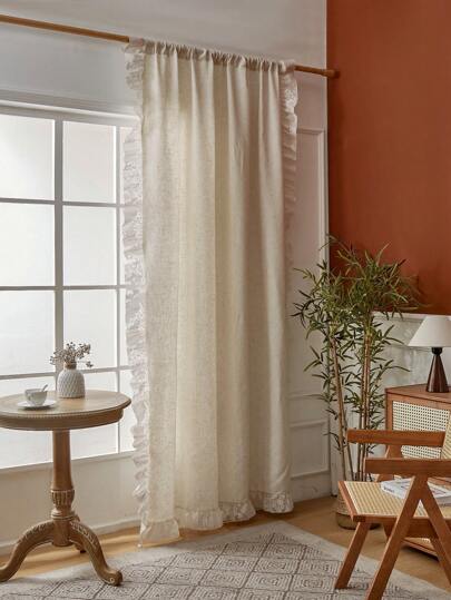 1pc Luxury Simple Thickened Cream Linen Ruffle Edge Curtain For Living Room, Bedroom, Dining Room