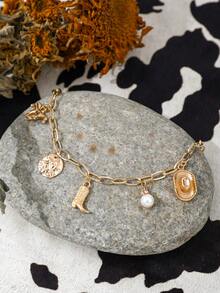 1 chiếc mũ phong cách cao bồi miền Tây có đồng xu hình ngựa, vòng chân trang trí ngọc trai giả nhiều chi tiết cho phụ nữ - Vàng - Xem 3