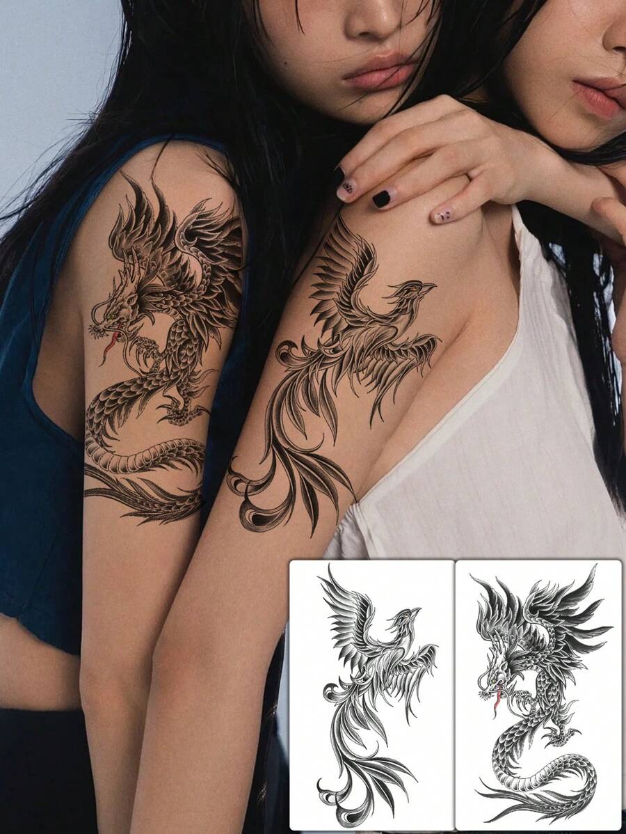 2 件黑色临时纹身，一次性假纹身，龙与凤凰，动物图案，情侣纹身，万圣节纹身，性感防水且易于使用的纹身贴纸，适合女性手臂、背部、腹部、腰部，派对和音乐节必备 - 黑色 - 查看 1