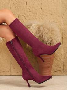 Women's Brown Pointed Toe High Heel Slim Leg Boots, Chunky Heel, Elegant British Style, Side Zipper, Over The Knee, Short Legs, Suitable For Spring And Autumn, Catwalk Performance
