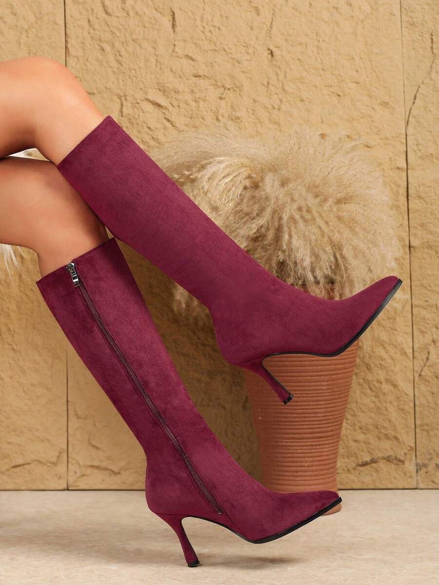 Women's Brown Pointed Toe High Heel Slim Leg Boots, Chunky Heel, Elegant British Style, Side Zipper, Over The Knee, Short Legs, Suitable For Spring And Autumn, Catwalk Performance