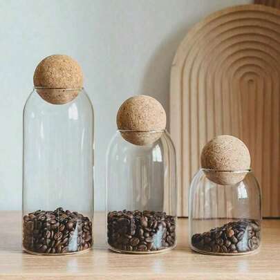 1PC 500ml/800ml/1200ml Transparent Glass Jar With Wooden & Sealed Ball Cover, For Storing Spices, Salt, Sugar, Coffee, Tea And Candies, For Outdoor, Camping